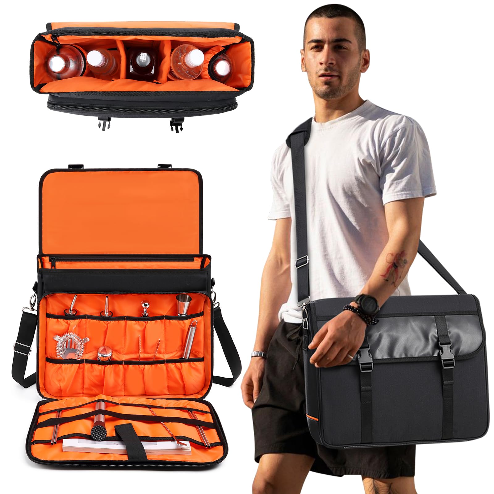 Qozabualy Bartender Messenger Kit Bag, Portable Bar Bag with Thick Inner Padded Divider, Premium Quality (Deep Grey)