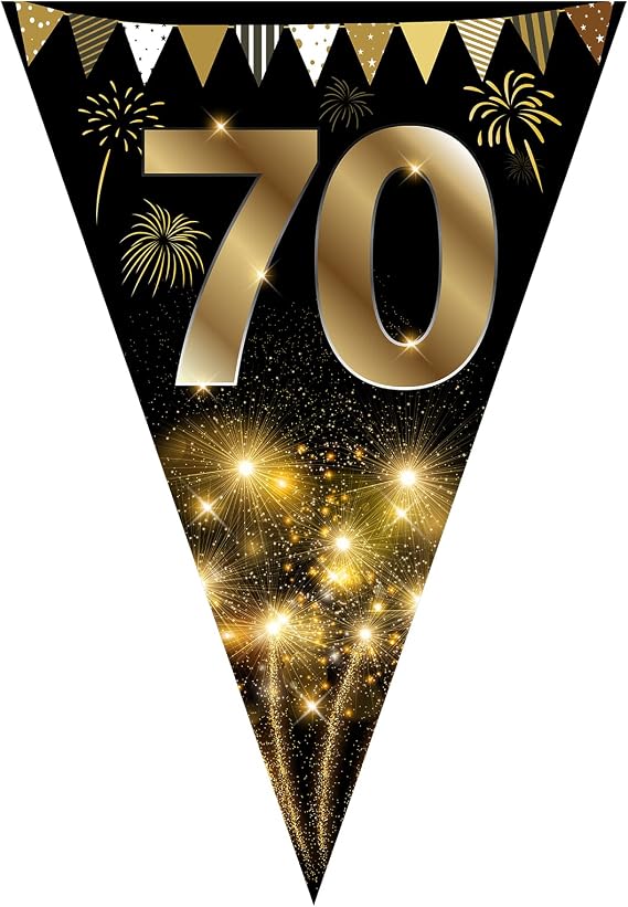 Happy 70th Birthday Bunting Gold and Black Glitter Birthday Anniversary Party Decoration Supplies Triangle Flag Banner for Men Women 40 Pack