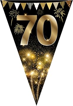 Happy 70th Birthday Bunting Gold and Black Glitter Birthday Anniversary Party Decoration Supplies Triangle Flag Banner for Men Women 40 Pack