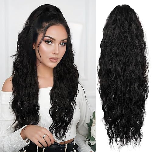 LEEONS 26 inch Drawstring ponytail Extension, Black Long Wavy pony