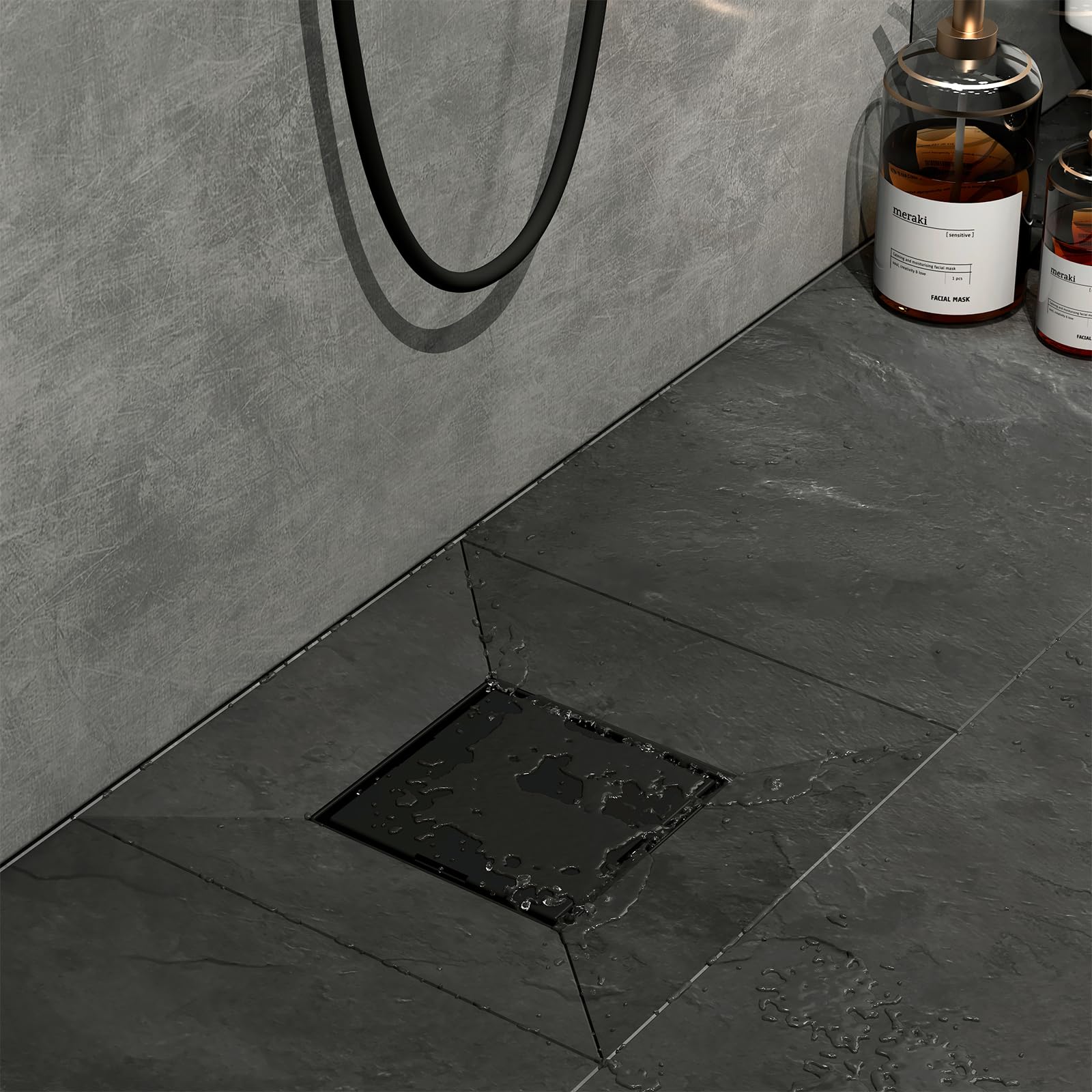 EMKE Bonde de douche avec siphon, caniveau de douche, siphon de douche, siphon anti-odeurs et tamis à cheveux, trou d'écoulement pour receveur de douche, noir