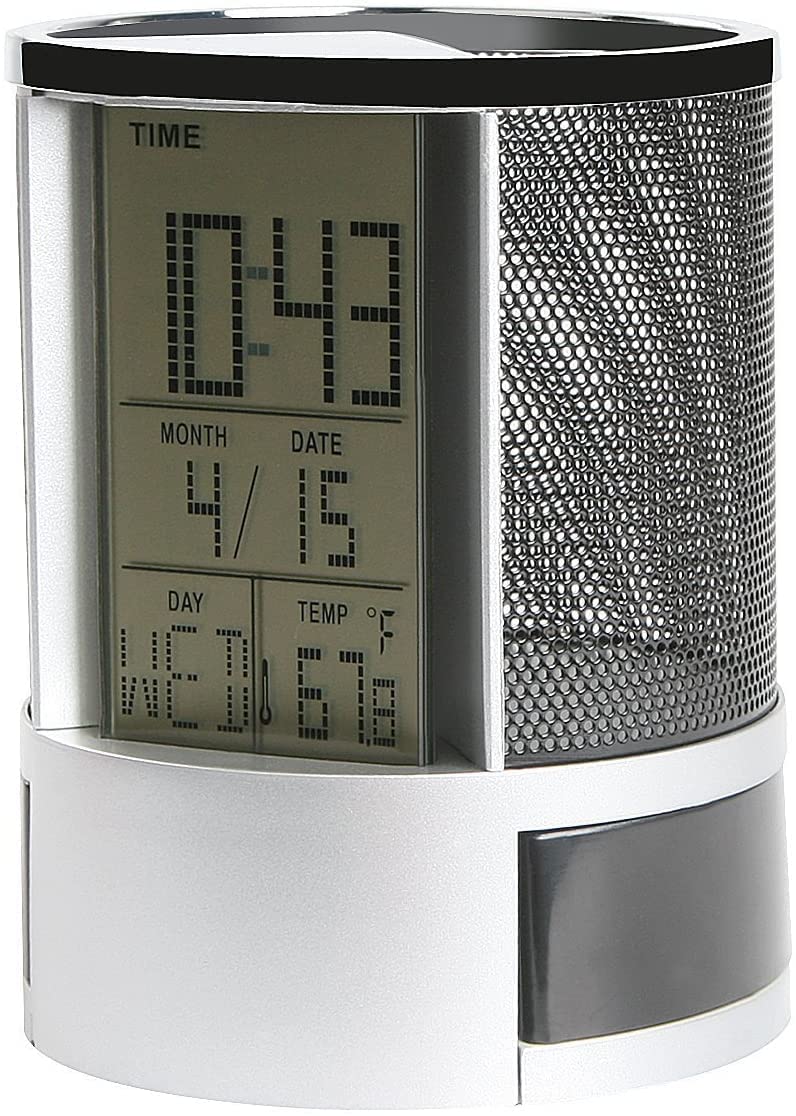 DARKFISH Multi Functional Clock with Light Pen Holder Pencil Container Digital LED Desk Clock Mesh with Calendar Timer Alarm Clock Thermometer 2 Small Drawer 2