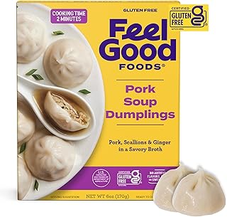 Feel Good Foods Pork Soup Dumplings Frozen - Gluten Free Dumplings with Savory Broth, Scallions and Ginger, Snacks & Appetizers, 6 Ounce