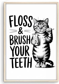 Eastern Print Cat Bathroom Decor Funny Wall Art, Cute Animal Black And White Brush Teeth Humor Restroom Poster, Bathroom Rules Quote For Kids Toilet Wall Decor, Gifts For Animal Lovers, Unframed 8x12