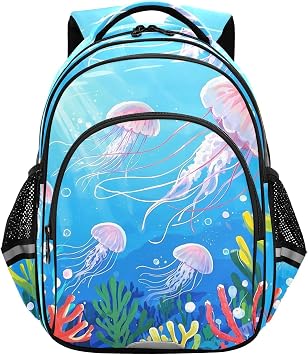 17In Kids Backpack for School Travel Hiking Jellyfish in Blue Ocean with Corals Kindergarten Elementary Backpacks with Reflective Stripe