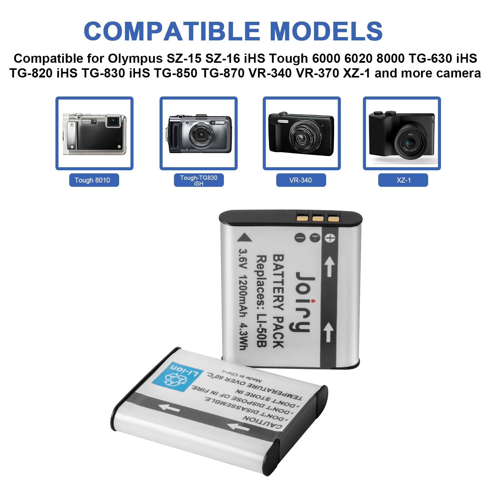 Batteria LI-50B 1300mAh Con Caricatore | Ricambio Per Olympus Tough TG-610, TG-620, TG-630, TG-810, TG-820, TG-850 E Altri