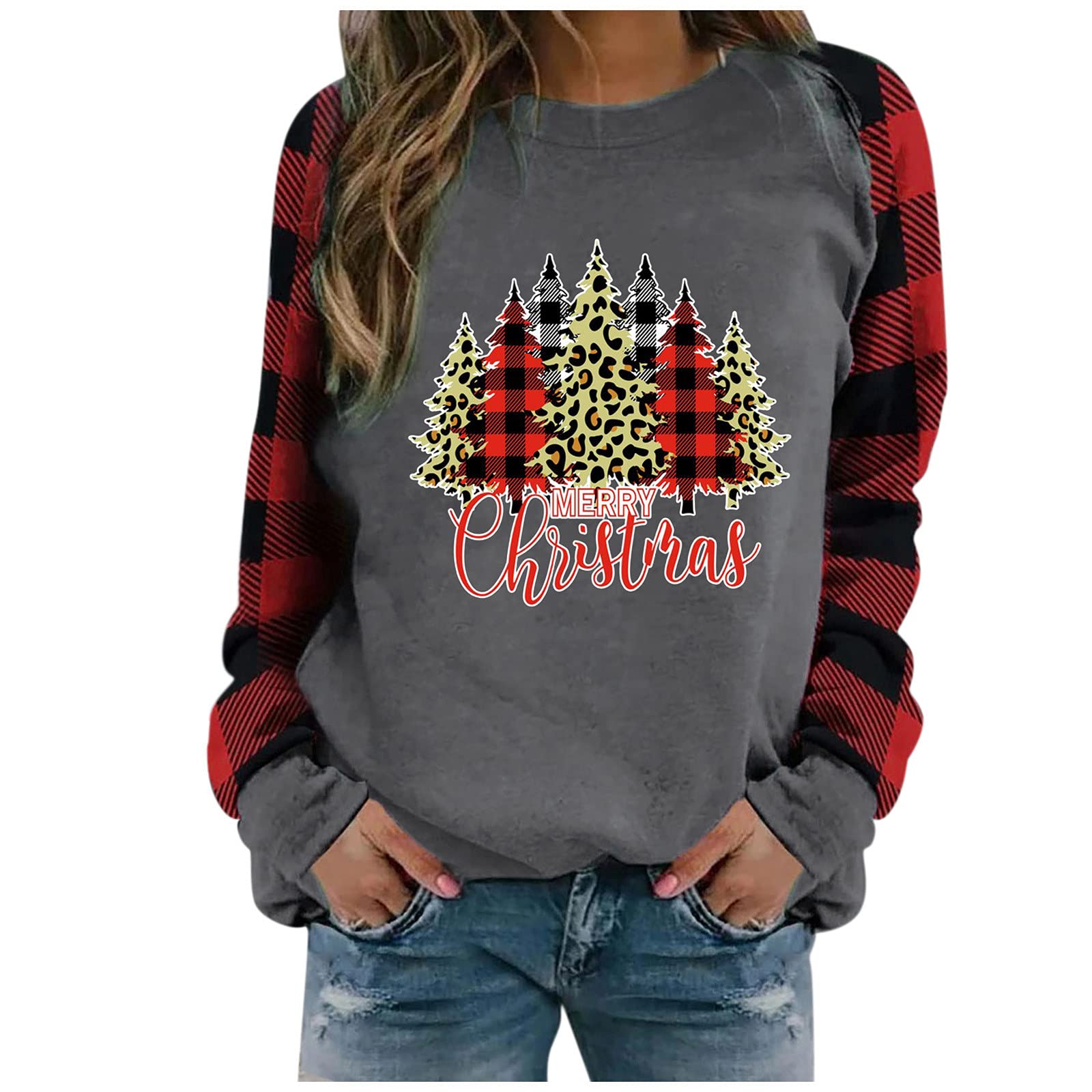 PorLous Womens Christmas Printed Long Sleeve Pullover Sweatshirts,Ladies O Neck Sweaters T-shirts Tops Hoodies Xmas Graphic Jumpers