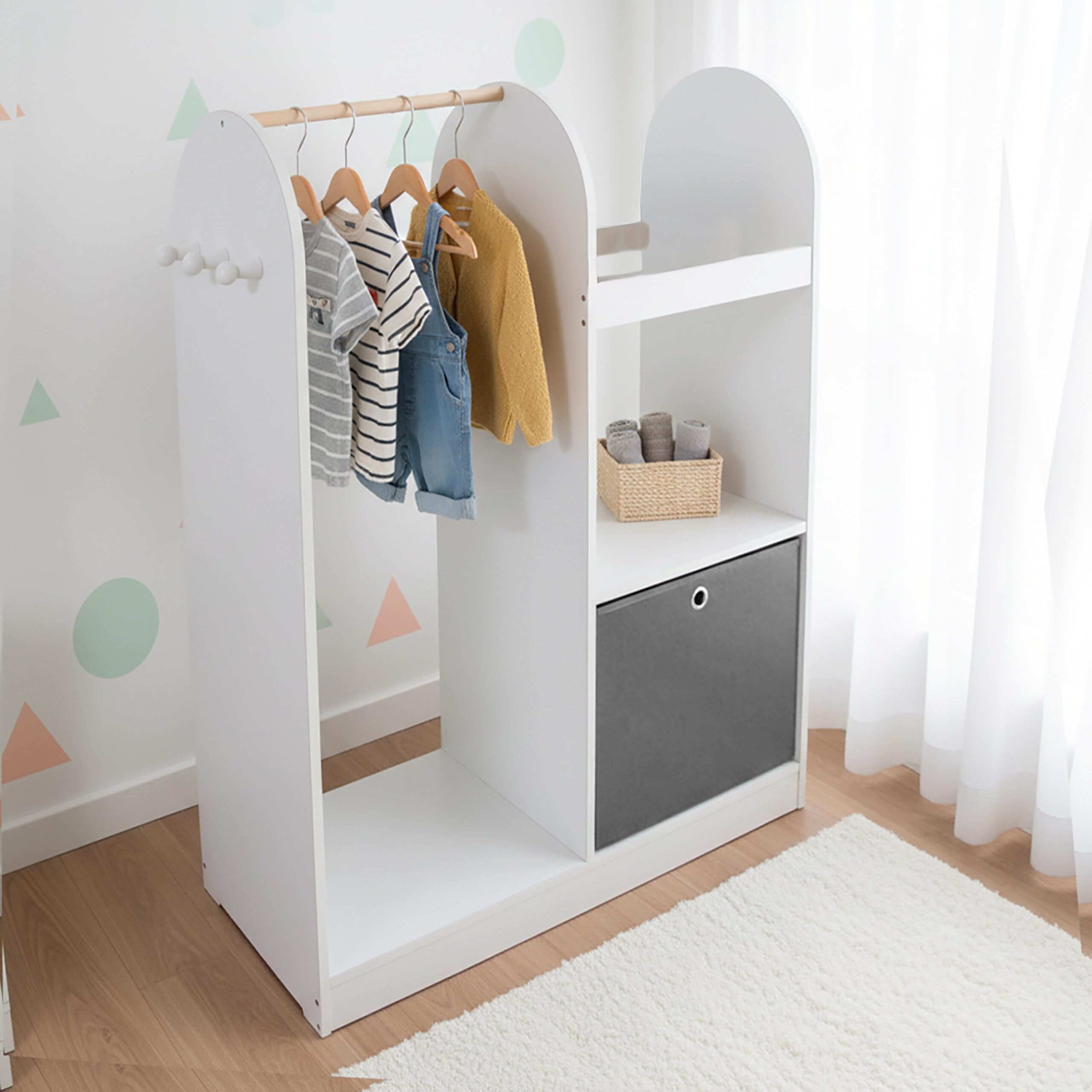 Relaxdays Appendiabiti per Bambini, 3 Ganci, Asta e Box, HxLxP: 108 x 97 x 35 cm, cameretta, Bianco