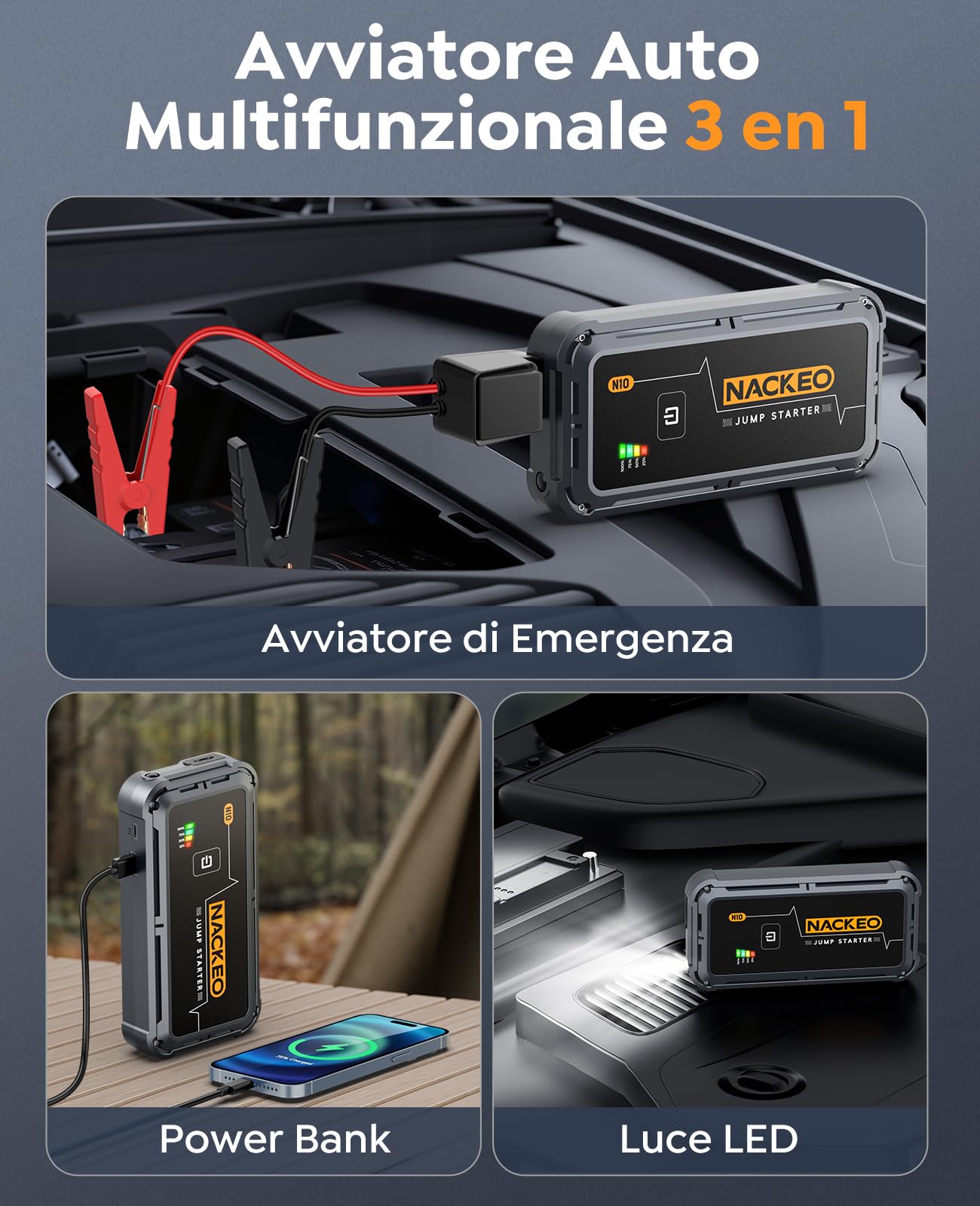 Avviatore Batteria Auto 5000A, Avviatore di Emergenza per Auto/Moto (Fino a 9.0L Gas/8.5L Diesel) 12V Booster Avviamento con Torcia a LED, Ricarica Rapida, Cavi Avviamento, Compatto (5000A)