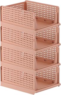 Paquete de 4 organizadores apilables plegables para armario, cestas de plástico para cajones, armarios, cocina, baño, oficina, color rosa, 4 litros cada uno