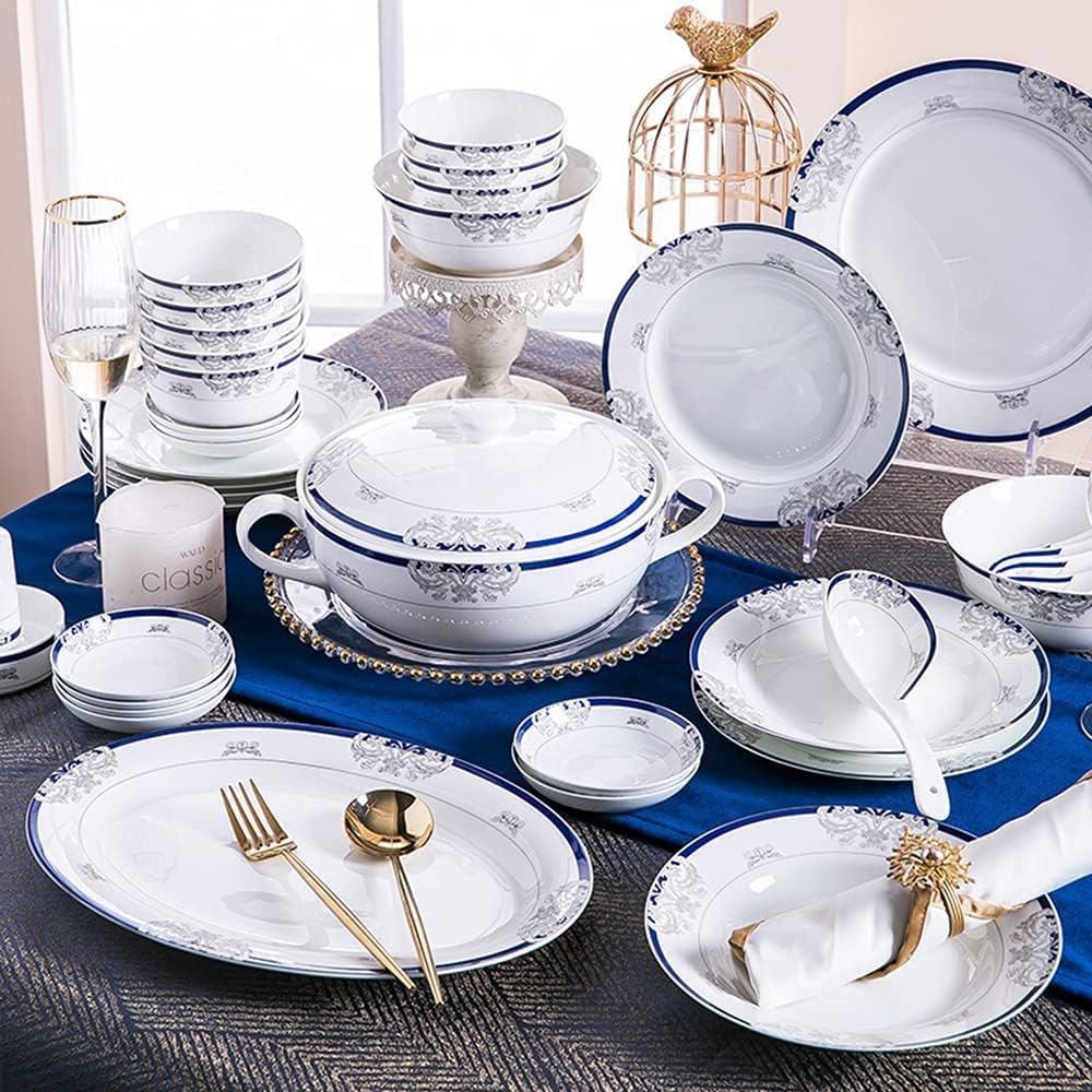 56 Piece10 Person European Plate and Bowl Set, Housewarming Gift Dinnerware Set, Patternplants and Flowers, size