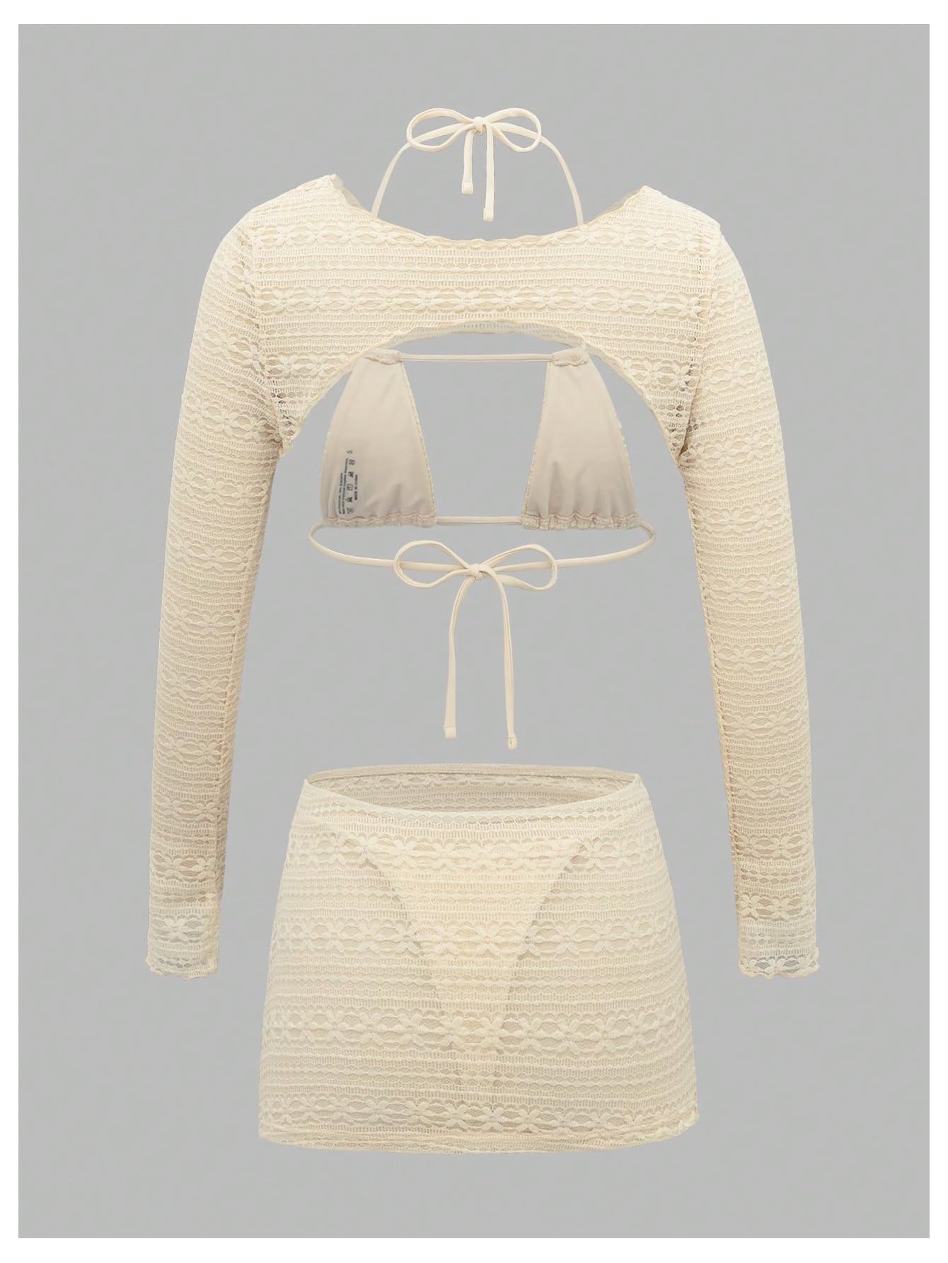 Damskie 4-częściowe Stroje Kąpielowe Koronkowe Przezroczyste Stringi Wiązane Na Szyi Komplety Bikini Z Zakrywającą Górą I Spódnicą Apricot X-Small
