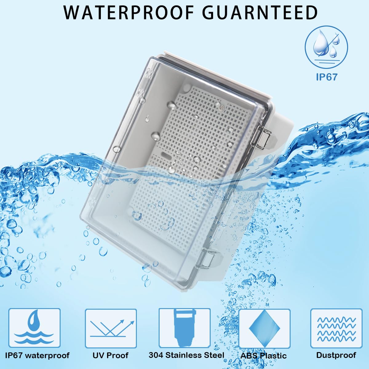 Zulkit Junction Box IP67 Waterproof Electrical Box Hinged Clear Cover Stainless Steel Latch Plastic Enclosure for Project w Mounting Plate Wall Bracket and 2 Cable Gland 8.7"x6.7"x4.3"/220x170x110mm
