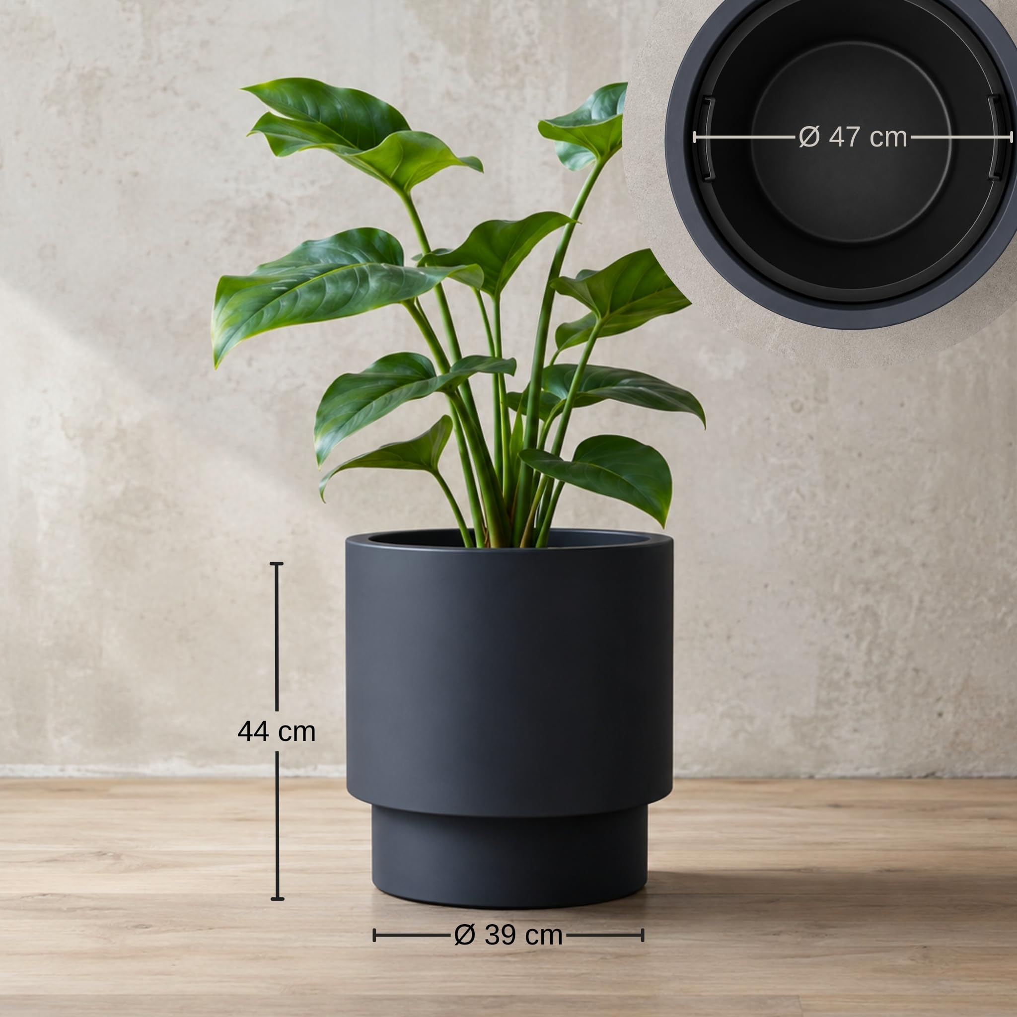 matches21 HOME & HOBBY Grande vaso da fiori per esterni Nivo, 47 x 44 cm, antracite, vaso rotondo per piante da esterno