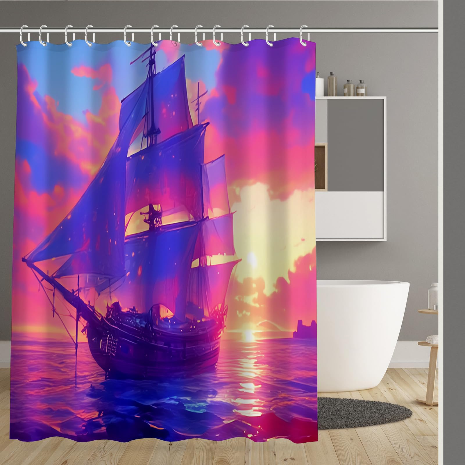 Rideau de douche 180x180cm en polyester lavable motif voilier coucher de soleil pour baignoire