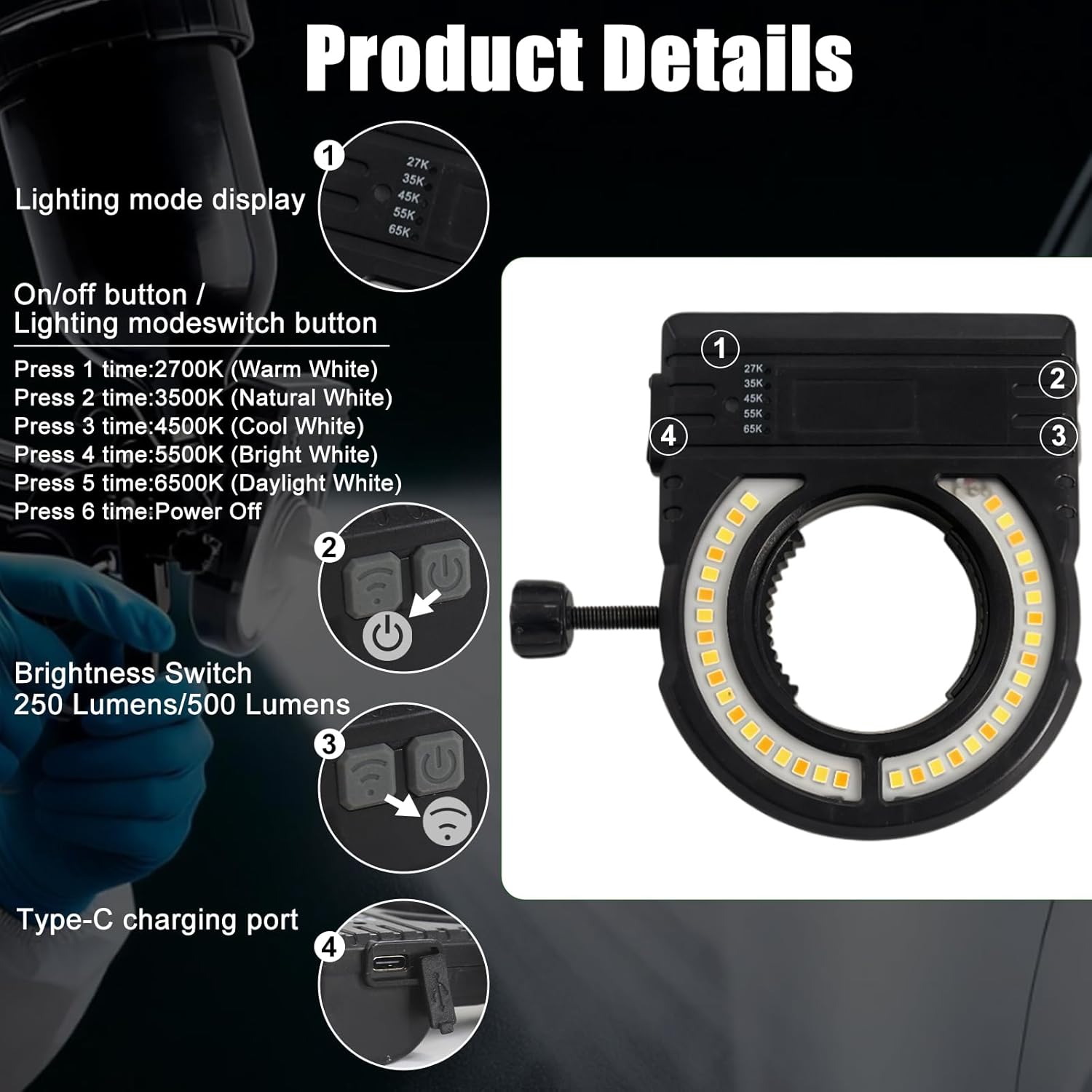 Rechargeable Paint Spray Gun Light, CRI 95+ 5 Color Temperatures 2700K-6500K & 600LM, Universal Clip-On LED Work Light for Auto Body Painting, Even Coating, Reduced Rework, Detachable Handheld Light