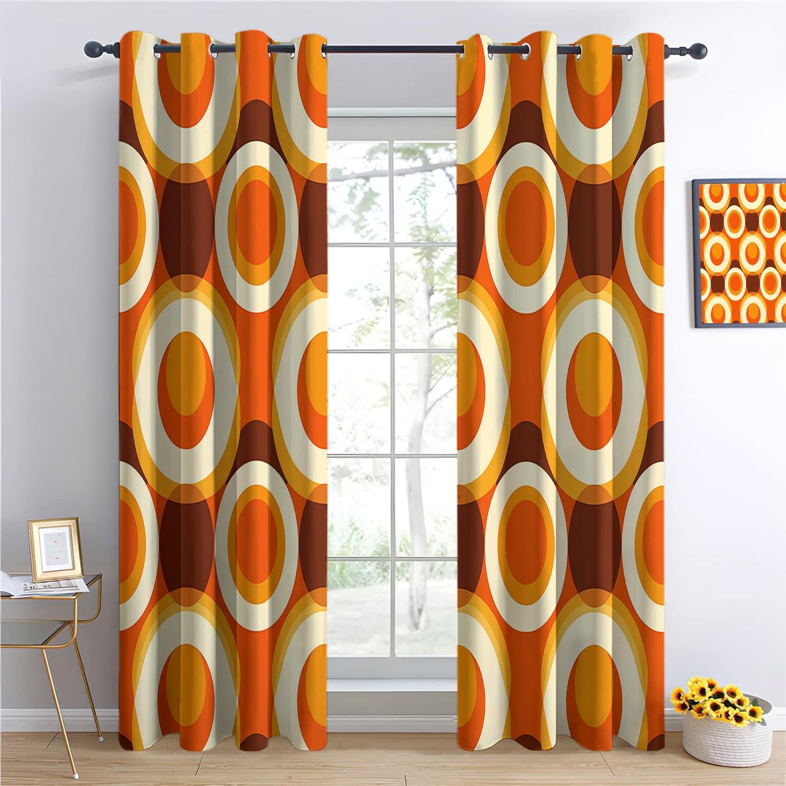 Motif à bulles rétro marron et orange Rideau Occultant - Rideaux Thermique Isolant Anti Froid Anti UV 2 Pièces 91.5 X 214 cm (LxH) Tenture Opaque à Oeillets pour Chambre Salon Cuisine Decoration