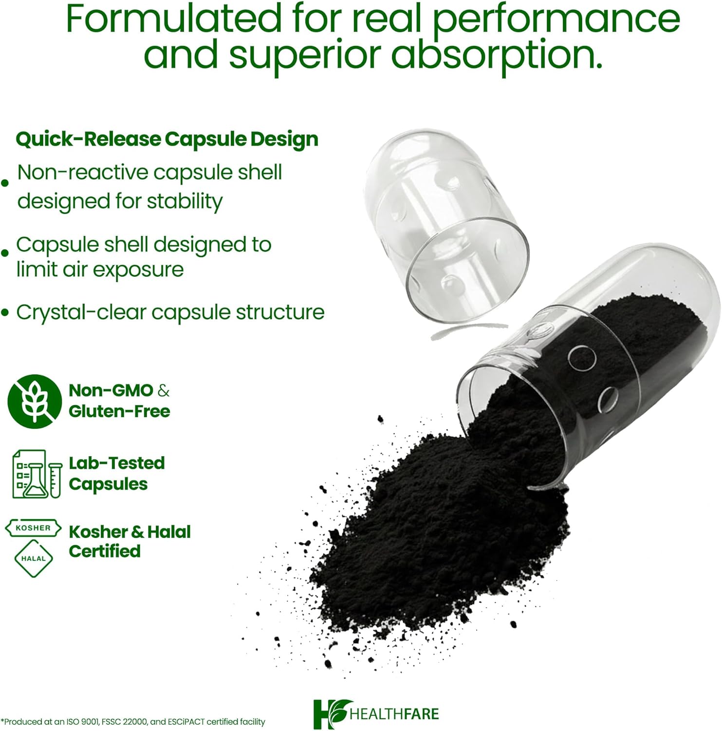 Healthfare Activated Charcoal Pills 1200mg | 150 Vegan Capsules | Organic Coconut-Sourced | Detox & Digestive Balance | Non-GMO, Gluten-Free | Made in USA