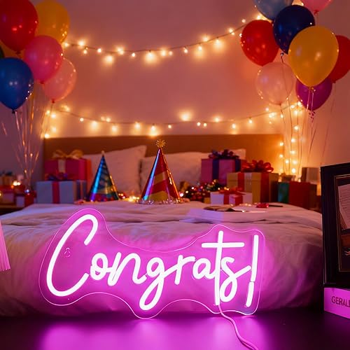 Miniatura 3 de Nordstylee Letrero LED de neón con texto en inglés "Congrats" de color rosa para felicitaciones, ceremonia de graduación, celebración, fiesta,