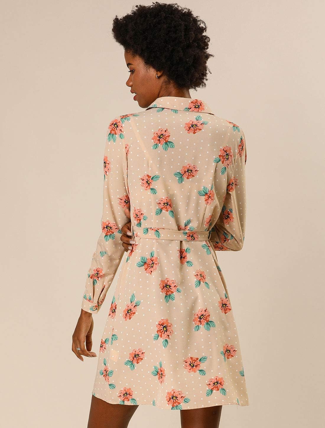 Allegra K Women's Button Down Vintage Polka Dots Dresses Collar Tie Belted Floral Shirt Dress - Image 4