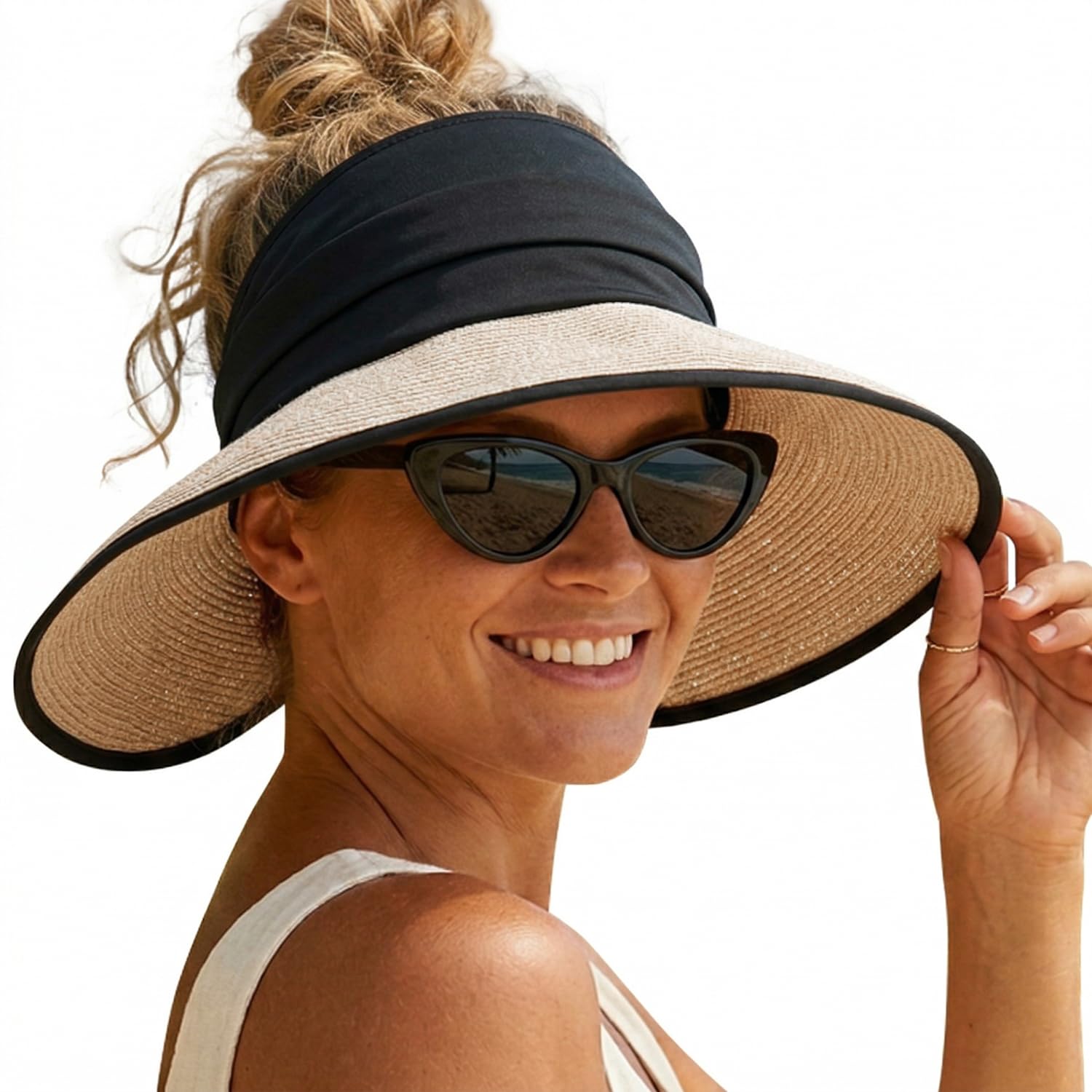 Creekstone Women's Beige With Black Crown Sun Visor Hat, Beach Straw Visor, Upf 50+, Packable, Ponytail Sun Hats For Summer Travel (Uk, Alpha, One Size, )