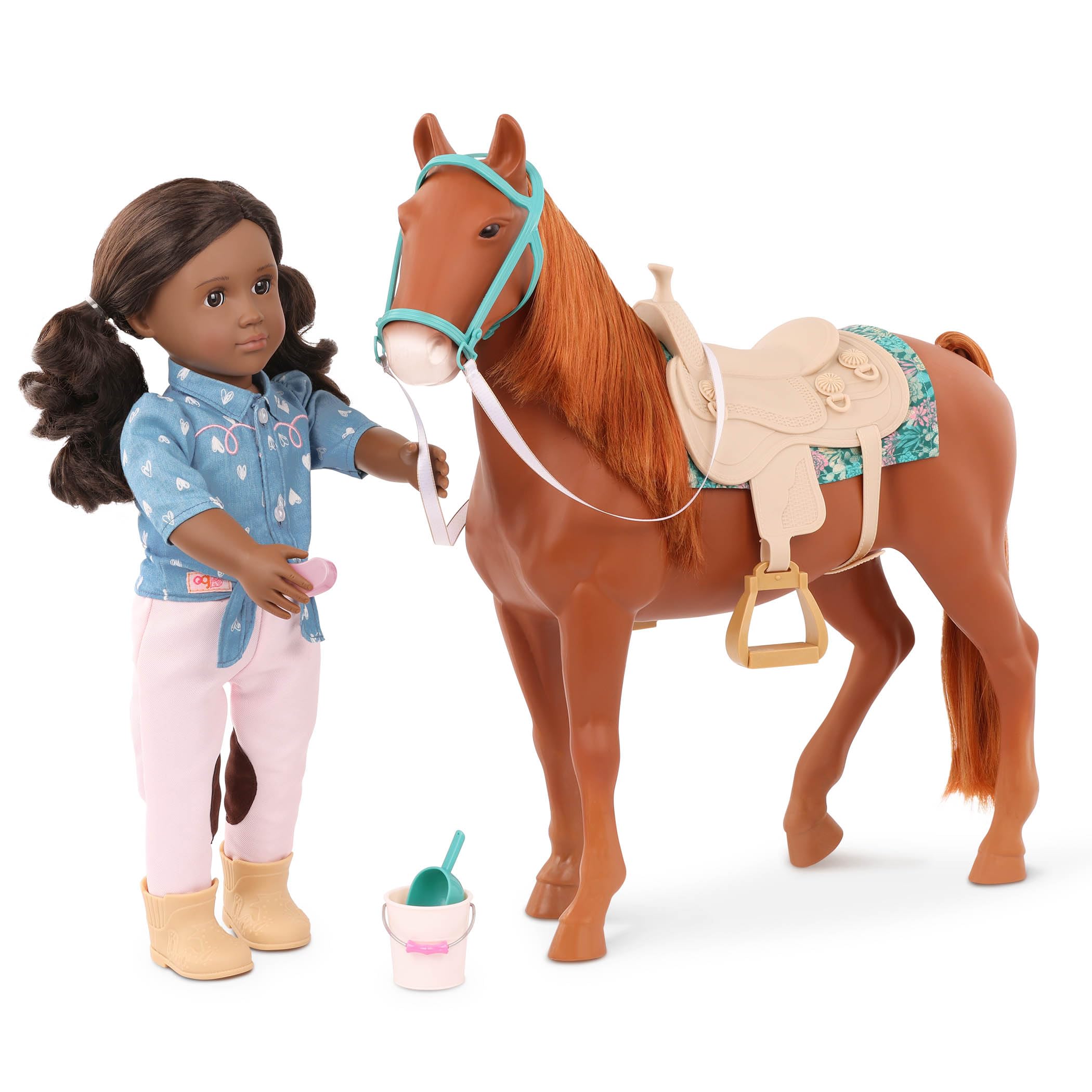 Our Generation - Caballo de Juguete de 20 Pulgadas - Piezas de sillín y Aseo - Accesorios de muñeca de 18 Pulgadas - Juego de simulación - Juguetes para niños de 3 años en adelante - Caballo de Raza