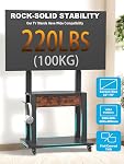 Roulement TV Support avec tiroir de tissu pour 32-75 pouces écran plat/courbé jusqu'à 220lbs LCD/LED/OLED Taille réglable Mobile TV Panier avec roues pour Home Office Outdoor Max VESA 600x400mm