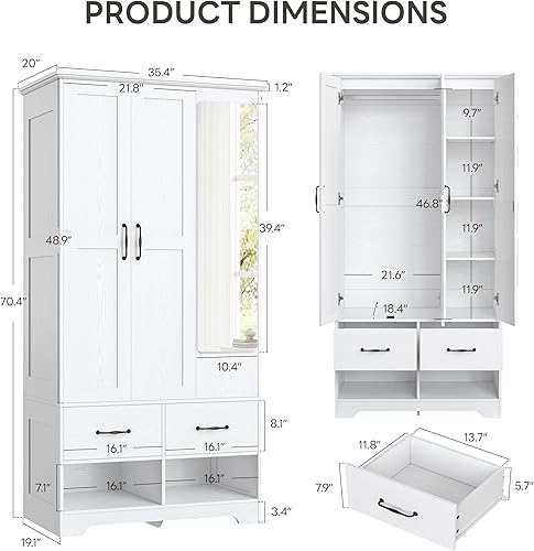 Miniatura 2 de LIKIMIO Armario de 3 puertas con espejo, 2 zapateros, 70 pulgadas de alto, armarios de madera con 2 cajones y estantes ajustables, armario de