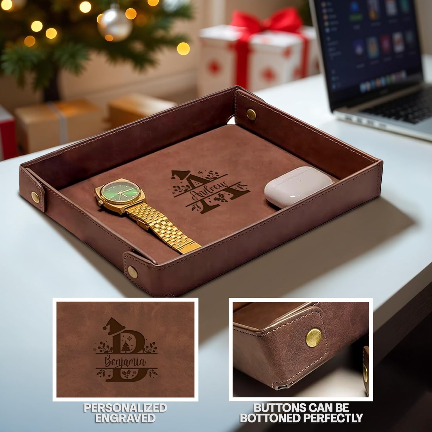 Engraved Christmas Light Coffee Leather Valet Tray – Personalized Rectangle Catchall Organizer for Wallet, Keys & Jewelry – Gift for Men, Dad, Couples – Dresser Top or Coffee Table Decor