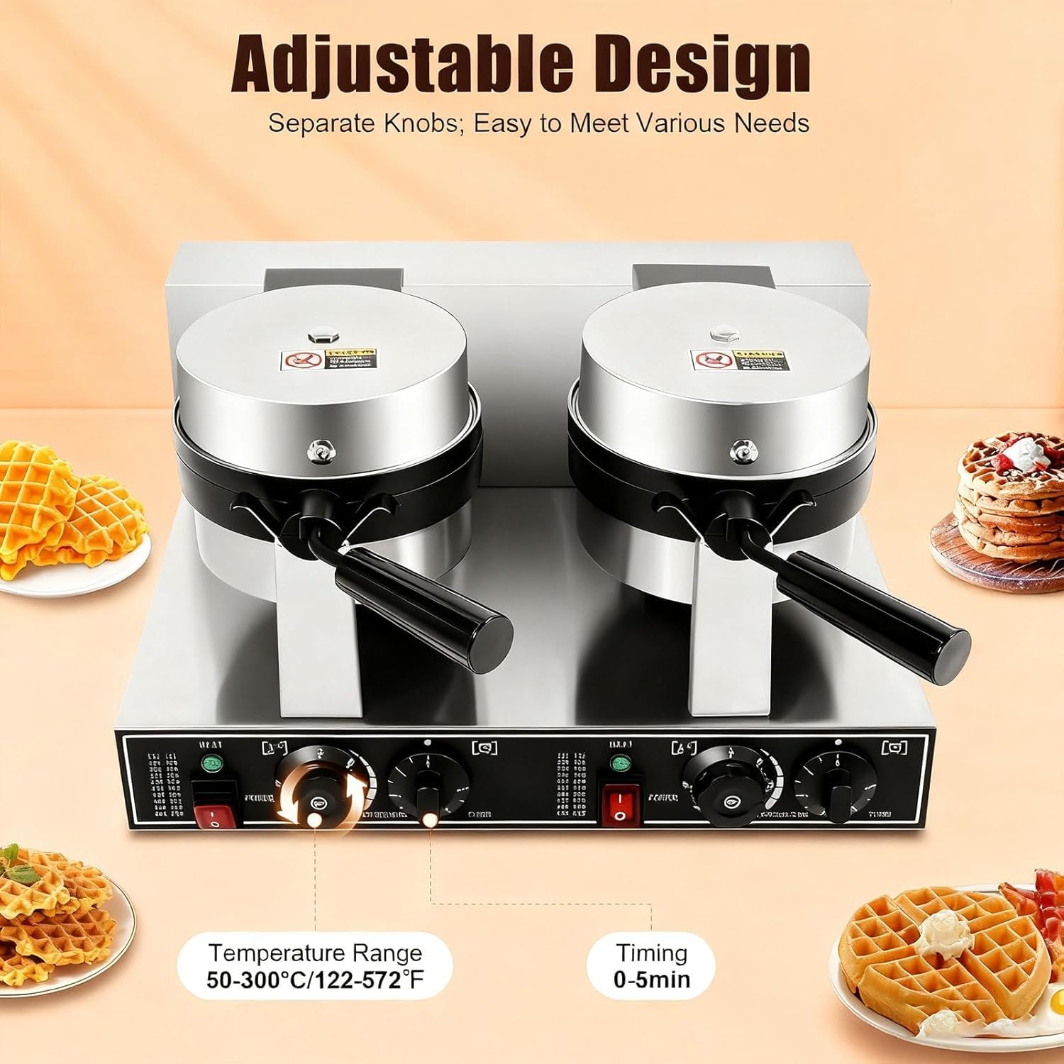 Gofrera Comercial, 2400 W, Acero Inoxidable, Doble Cabezal Giratorio, Antiadherente, Molde Redondo Para Gofres Belgas, Ideal Para Hornear Y Preparar Desayunos En Panaderías, Restaurantes Y Bares.