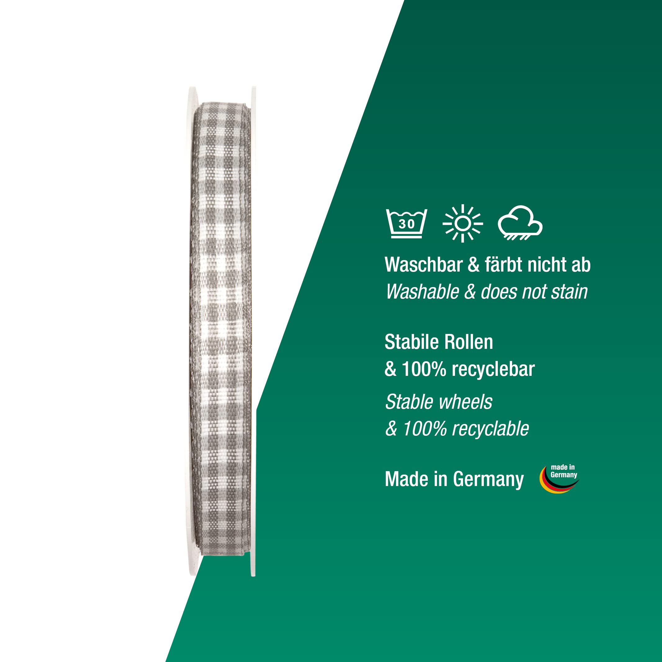 Halbach Seidenbänder Premium Vichy Checked Gift Ribbon (Grey), gray, 10 mm - Image 3