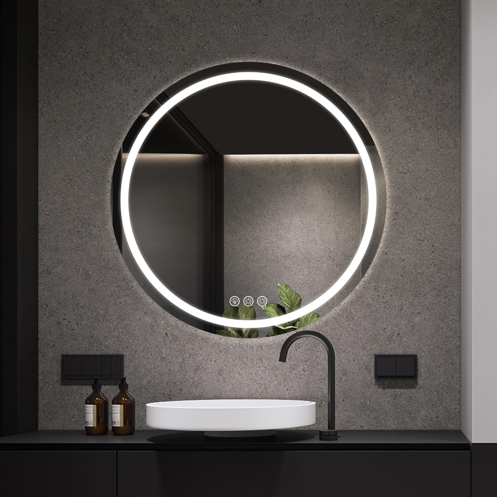 Miroir LED Rond Salle de Bain 70cm, Anti-buée, 3 Lumières Réglables