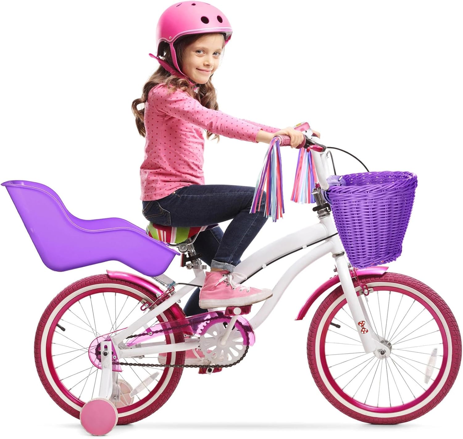Doll Bike Seat with 28 Pcs Stickers Decals Bicycle Basket for Kids Handlebar Streamers Colorful Ribbons Tassel Daisy Bike Bell for Girls Boys Bicycle Accessories Christmas Kids Gift