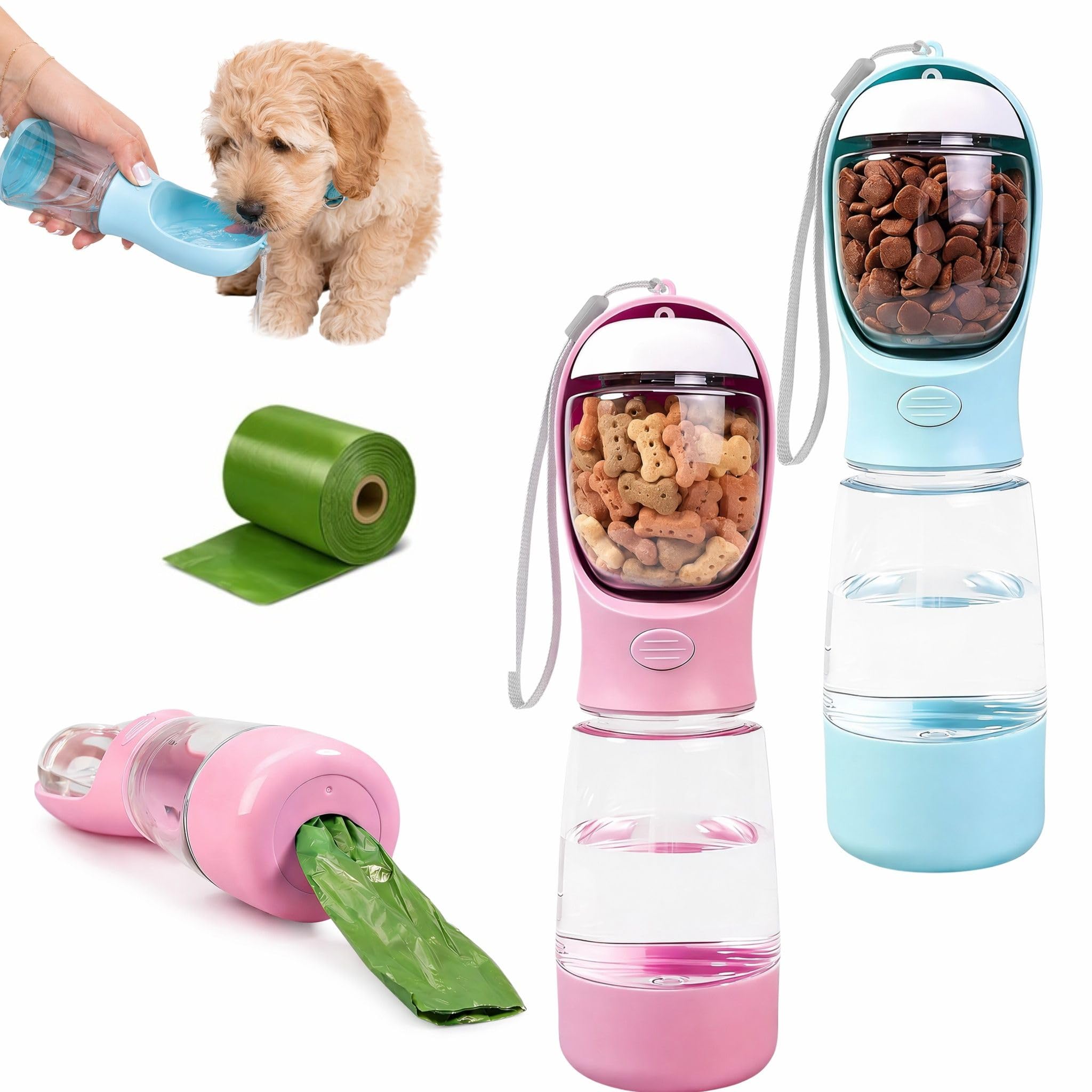 2Pcs Dog Water Bottle, Portable 4-in-1 Pet Water Bottle Blue Pink