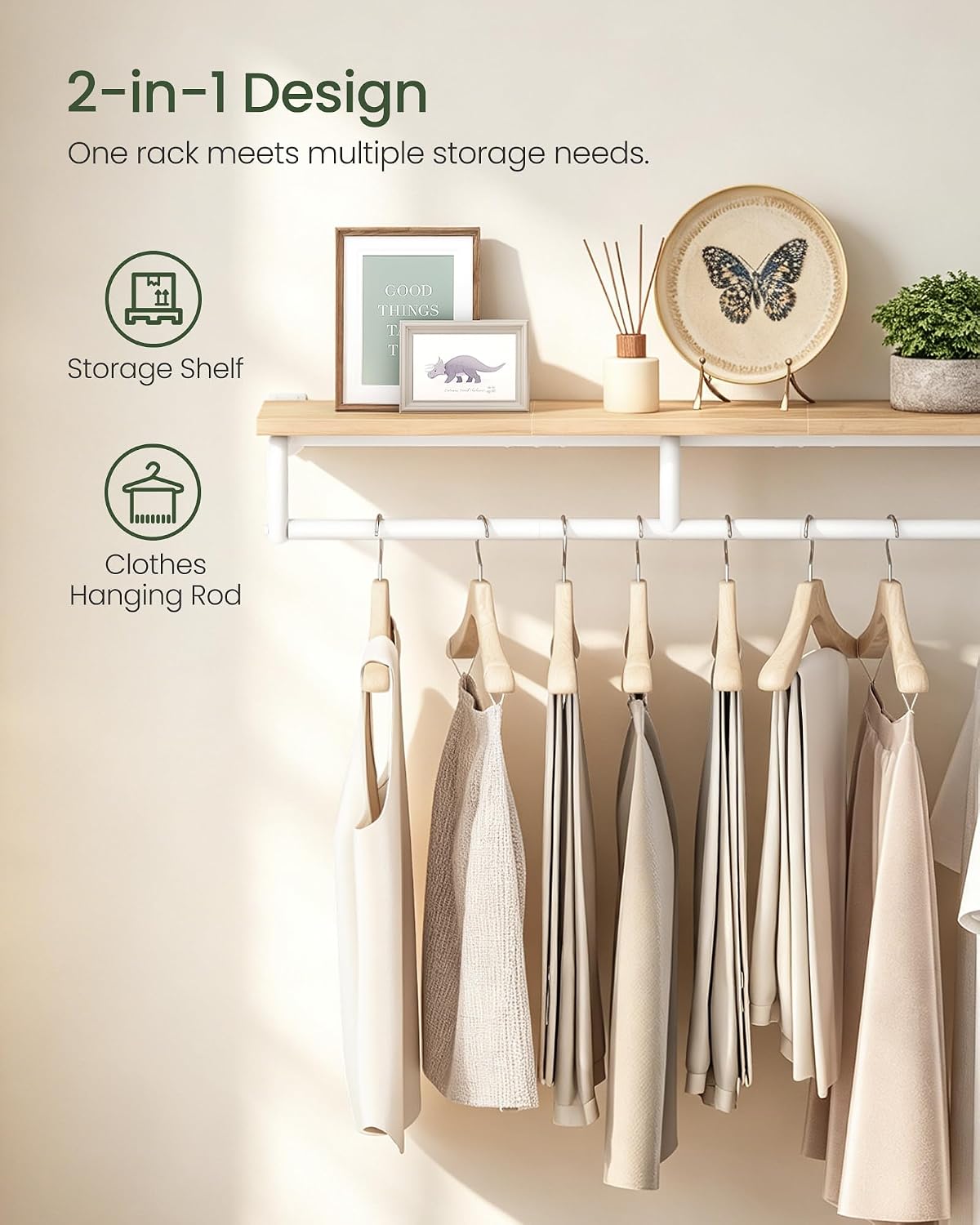 CHOEZON Wall Mounted Clothes Rack, Metal Garment Rack with Top Shelf, Laundry Storage Shelf with Hanging Rod, for Laundry Room, Bedroom, Entryway and Storage Room, Natural and White TYM02NW