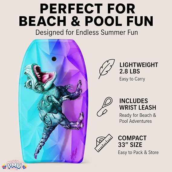 PMU 33 Inch Graphics Printed Bodyboard - Lightweight Wrist Leash Slick Bottom for Beach, Sea & Pool-Surfing Board for Wave Conditions