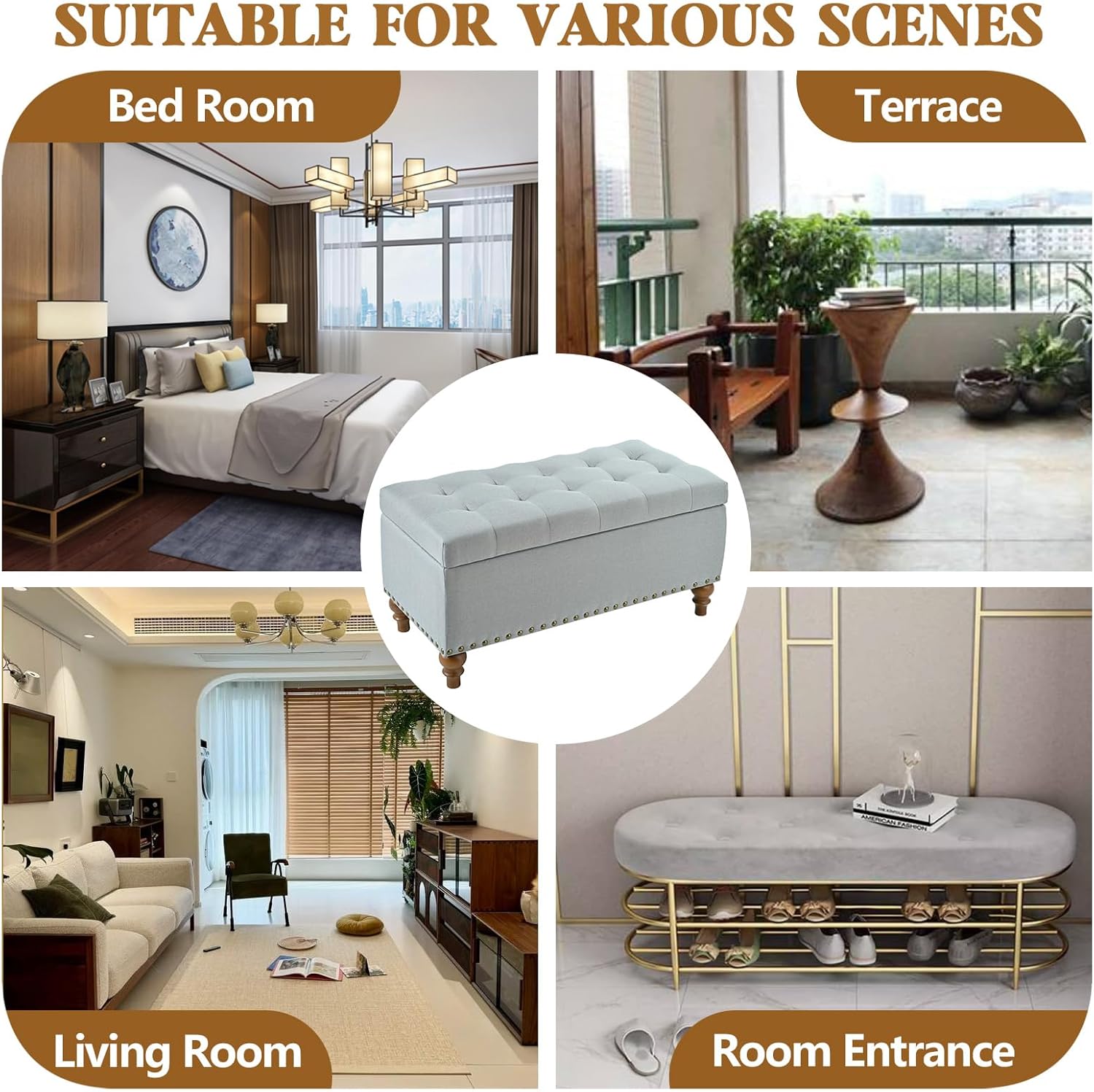 36” Grey Ottoman with Storage, Linen Upholstered Storage Bench for Bedroom Living Room Entryway, End of Bed Bench with Rivets, Button Tufted Cushion, 300 LBS Capacity (Grey)