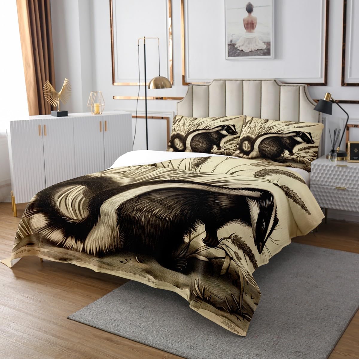 Erosebridal Skunk Coverlet Set Queen Size, Cute Wild Animals Quilt Set Rustic Style Bedspread Set for Kids Boys Teens Adult Women, Country Skunk Bedding Set Lightweight Bedroom Decor