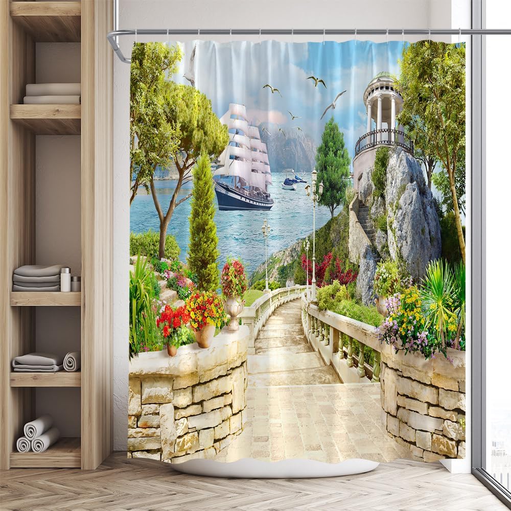 Italian Natural Scenery Country Style Shower Curtain Flower Green Leaf Arch Mediterranean Town Landscape Polyester Fabric Garden Bathroom Decor Set with Hooks 90Wx70H Inch