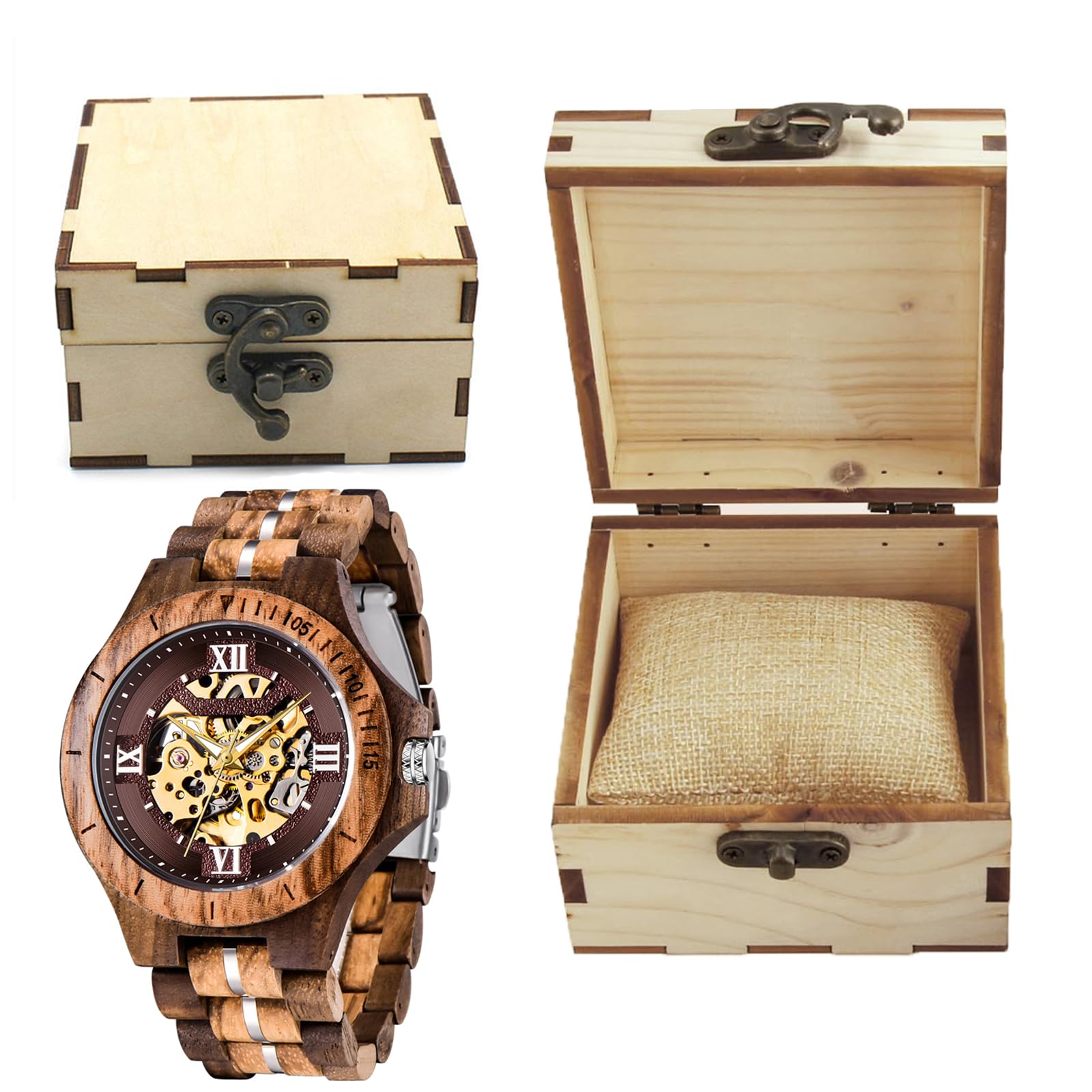 Tiong Herren Holzuhr Mechanische Skelett Automatisches Uhrwerk Holzuhren | Retro Leichte Herrenuhr mit Holz Geschenkbox, Klassische Holzuhr als Geschenk für Männer