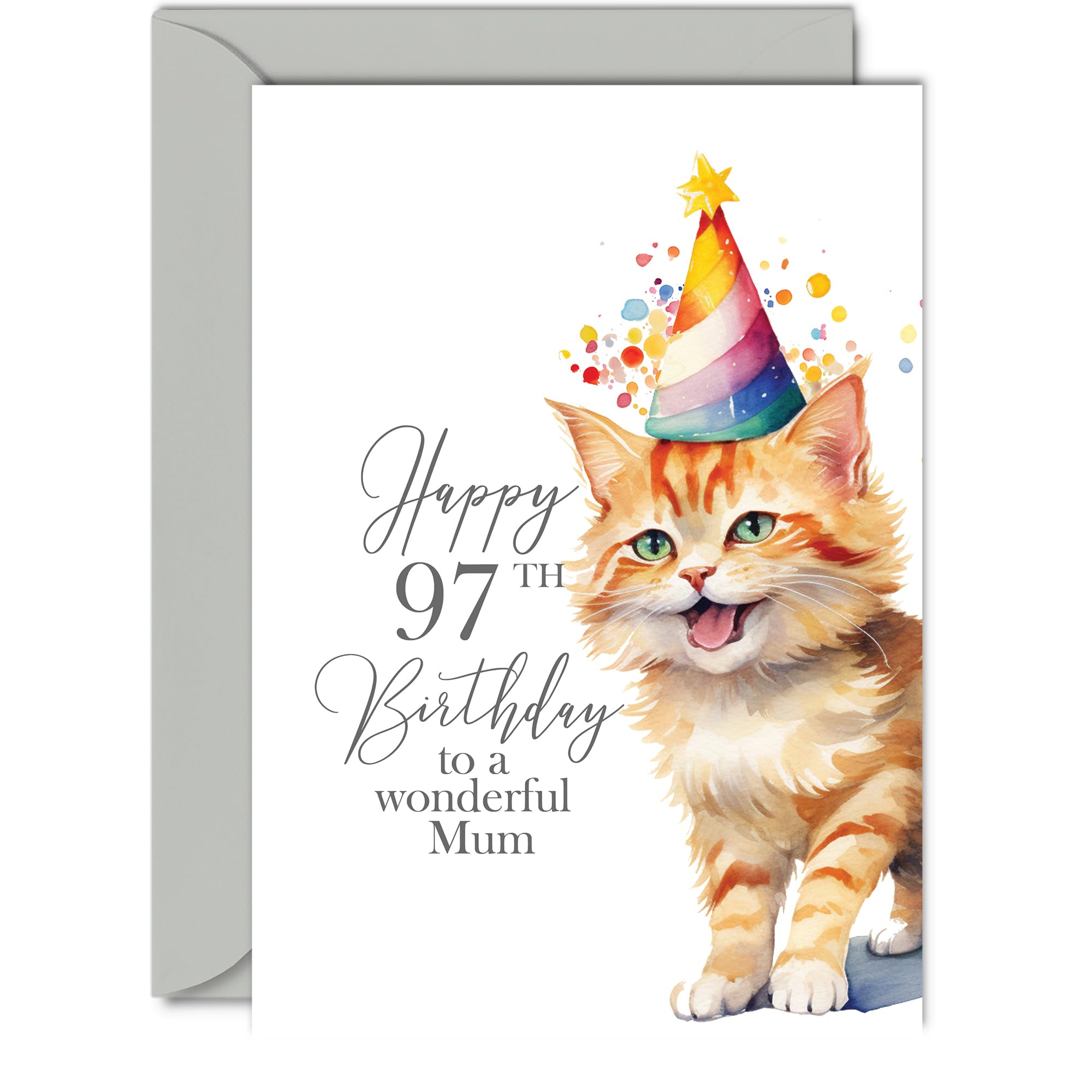 97th Birthday Cards for Mum, Party Cat Kitten
