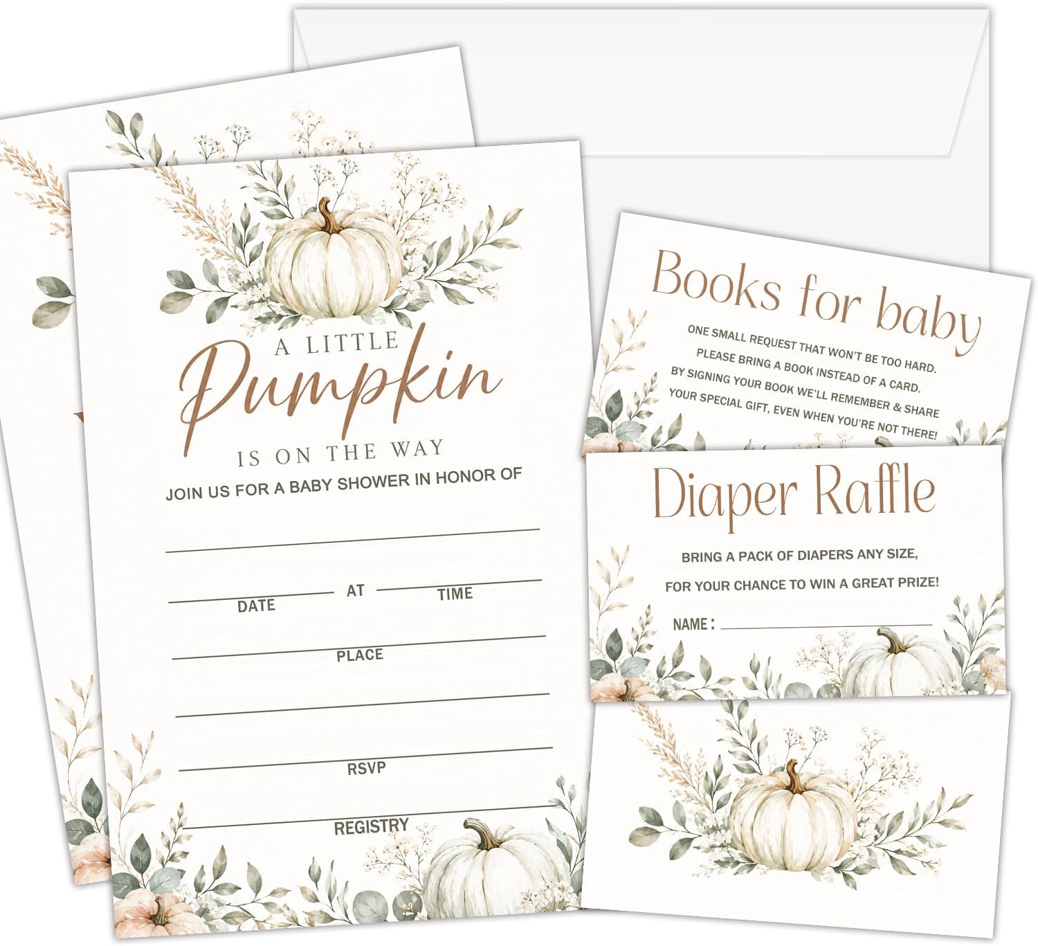 White Pumpkin Baby Shower Invites Set of 25, Little Pumpkin Baby Shower Invitations Cards with Envelopes, Diaper Raffle Tickets & Book Cards, Fill-in Invites for New Baby Gender Reveal Party -25