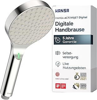 HANSA ACTIVEJET Digital Duschkopf 120mm | Bluetoothfähige Duschbrause mit digitaler Echtzeit LED Anzeige I Wassersparende Duschbrause mit Antikalk Technik I Brausekopf Dusche I G1/2 | Chrom