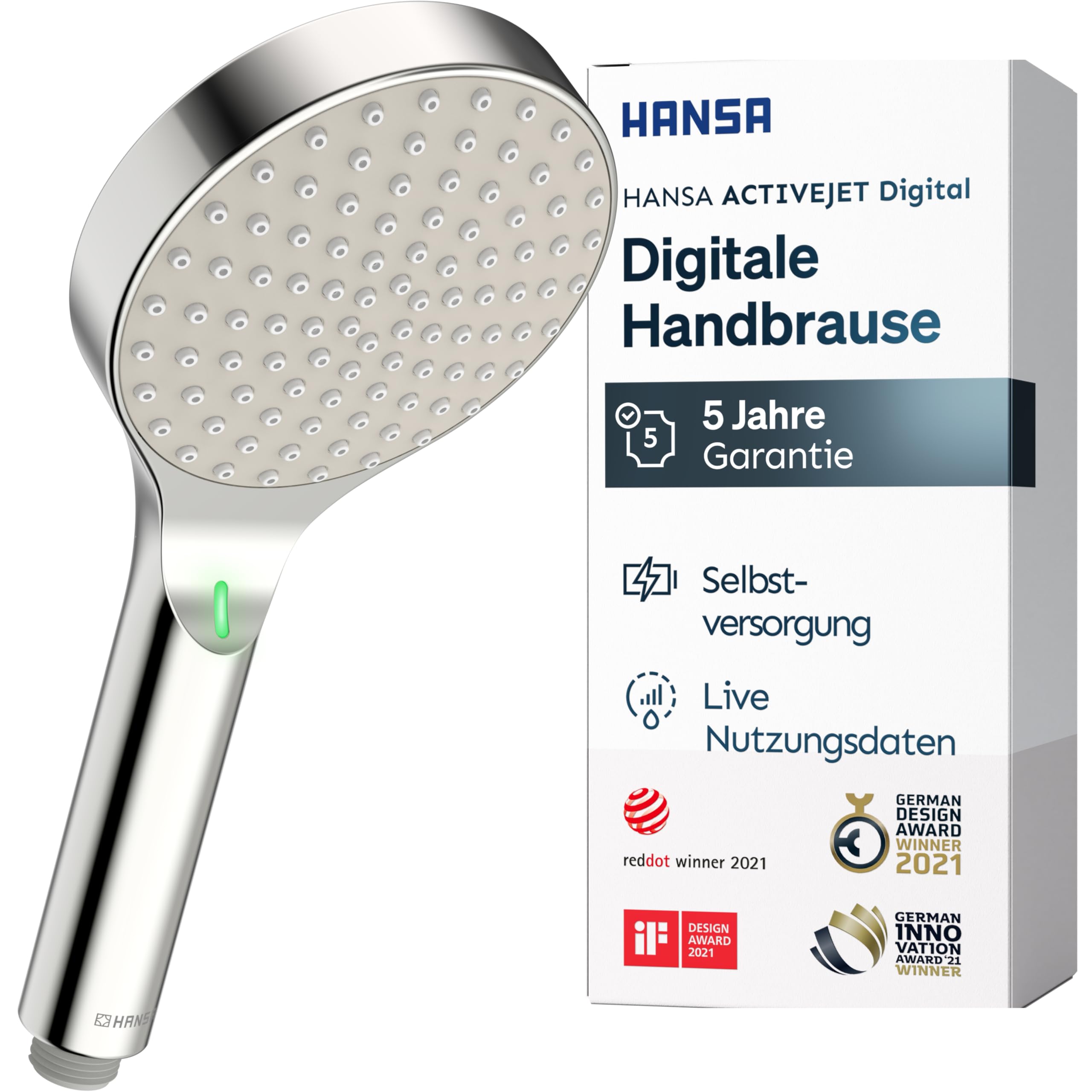 HANSA ACTIVEJET Digital Duschkopf 120mm | Bluetoothfähige Duschbrause mit digitaler Echtzeit LED Anzeige I Wassersparende Duschbrause mit Antikalk Technik I Brausekopf Dusche I G1/2 | Chrom