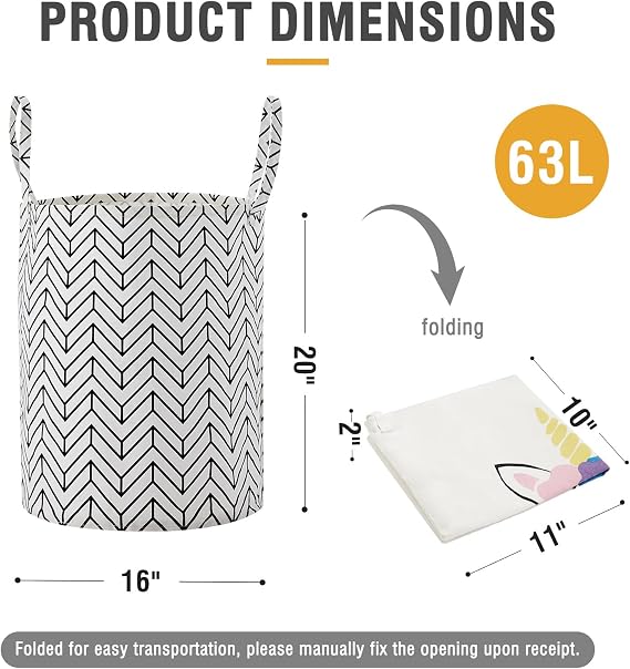 Baby Laundry Basket Nursery Hamper with Long Handles, Black Geometry