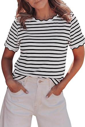 Women Crewneck Short Sleeve T Shirts Stripe Scalloped Trim Tops Summer Color Block Casual Trendy Tee Shirt