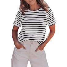 Women Crewneck Short Sleeve T Shirts Stripe Scalloped Trim Tops Summer Color Block Casual Trendy Tee Shirt