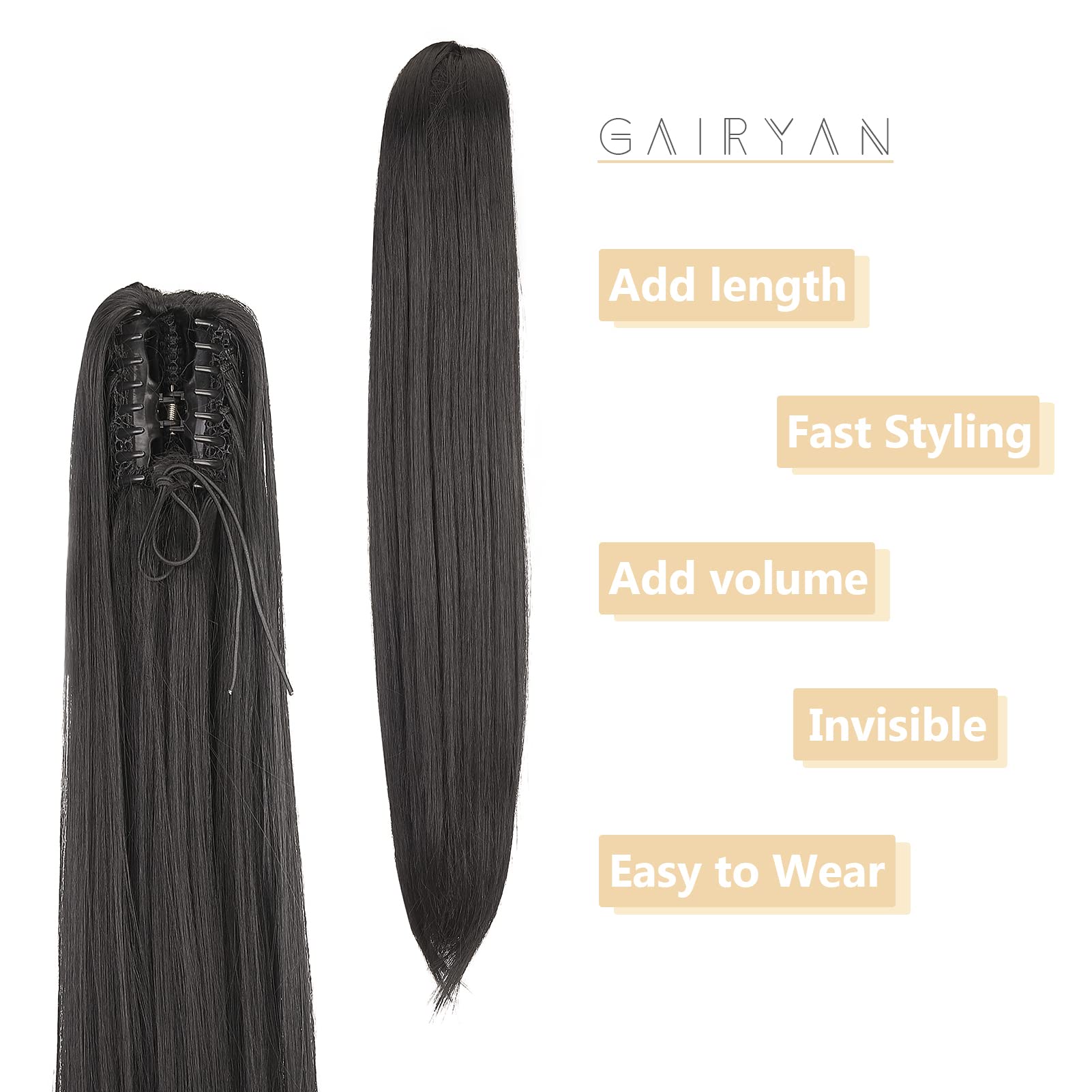 Gairyan 22" Ponytail Extension Clip in Ponytail Hair Extensions Black Straight Pony Tails Claw on Ponytail Long Wave Synthetic Hairpieces for Women Soft - Image 3