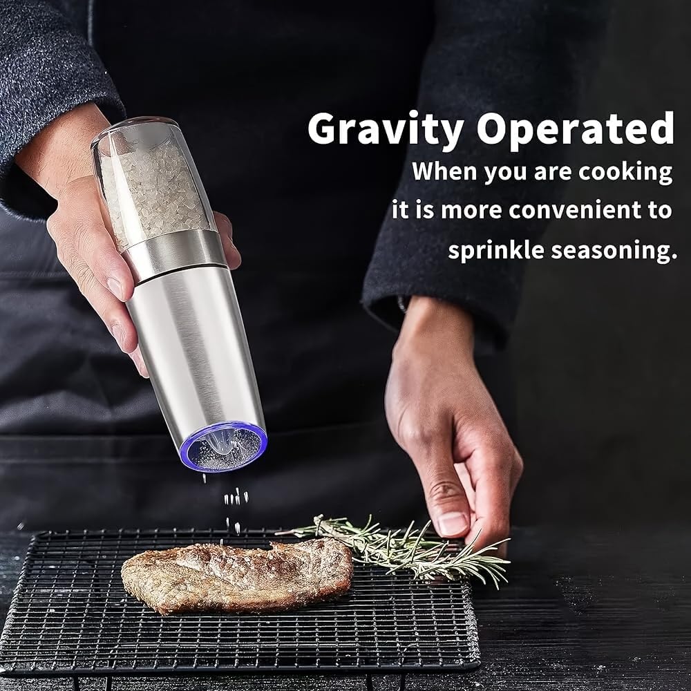 Gravity Electric Salt and Pepper Grinder, Automatic Pepper Mill with Adjustable Coarseness, LED Light, Battery Powered, One-Handed Operation, Refillable, Includes Cleaning Brush, Silver, 1 Pack