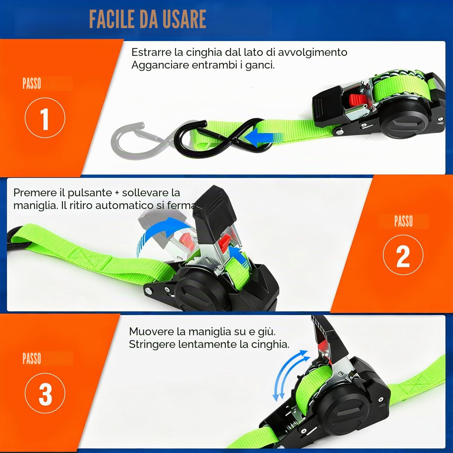 Cinghie a Cricchetto Autoavvolgenti 3m x 25mm | Set di 4 Pezzi con ganci a S, 750kg carico di rottura | Cinghie di fissaggion per moto, rimorchio, camion - Verde